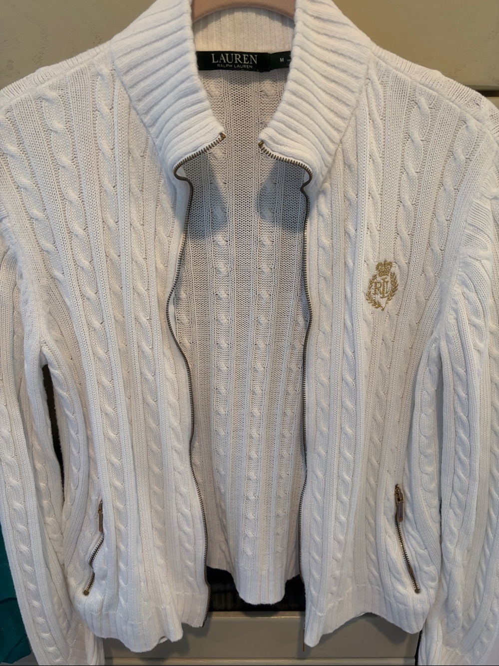 Vintage Lauren Ralph Lauren White Cable With Gold Crest Zip-Up Sweater - Picture 2 of 7